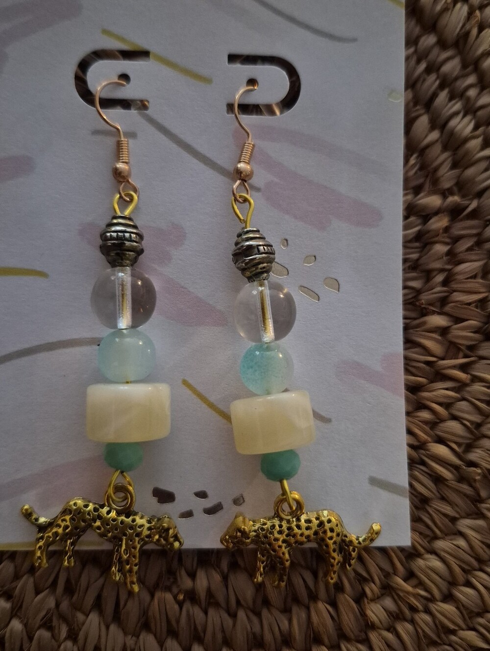 Gold Leopard Charm Bead Drop Earrings - Blue Cream